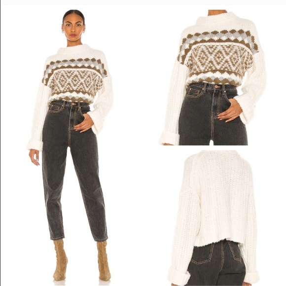 NWT  Free People Alpine Crop Mock Neck Chunky Knit Sweater Snowy Forest new M - Picture 2 of 12